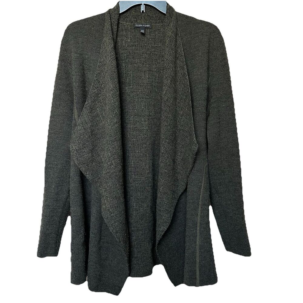 Eileen Fisher Merino Wool Cardigan Lg Open Front Black Green Gray Lagen Cozy